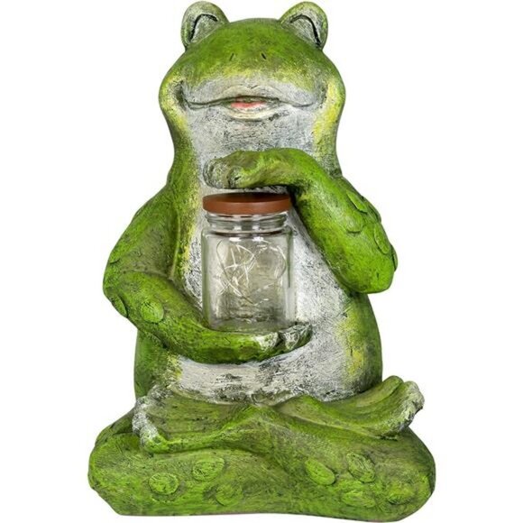 Solar Frog Statue with LED Firefly Lights Glass Jar -  7"L x 6"W x 11"H - Picture 3 of 6